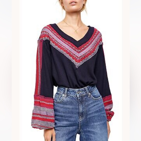 FREE PEOPLE Navy Blue Thermal Long Sleeve V-Neck Sweater - Picture 1 of 11